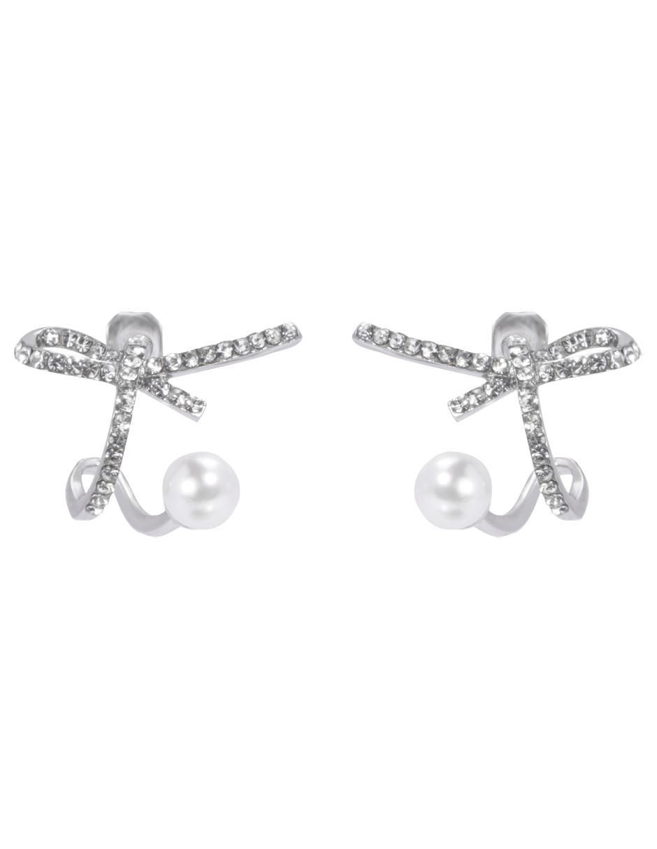 Aretes de moño con acabado baño de rodio cristal