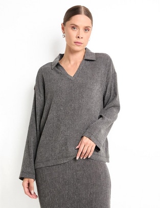 Playera manga larga cuello camisero para mujer