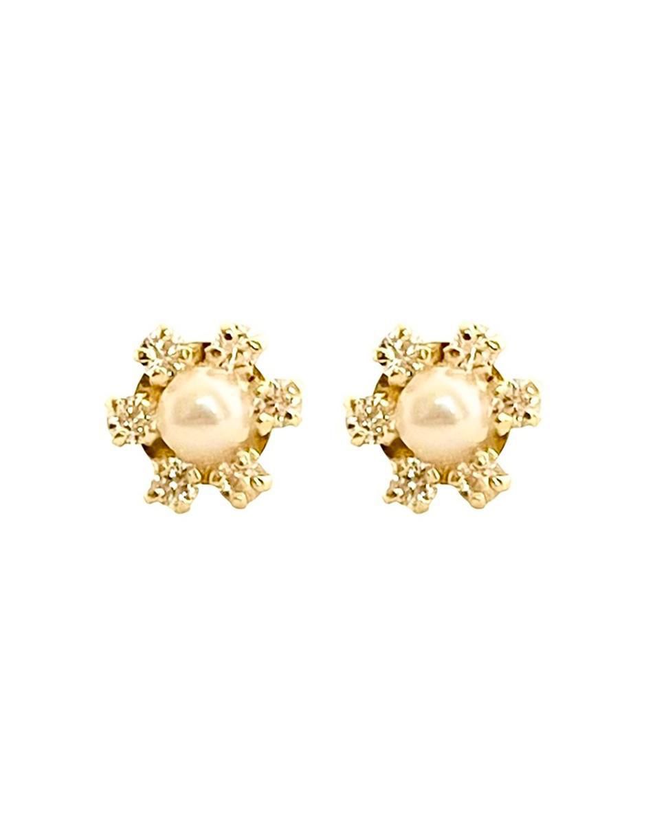 Broqueles de flor de oro 14 K con acabado brillante perla