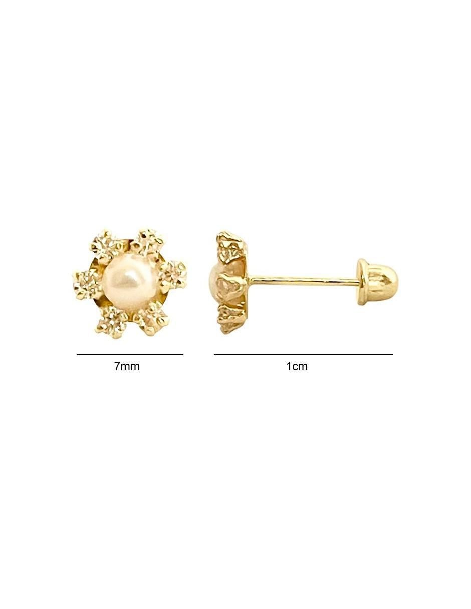 Broqueles de flor de oro 14 K con acabado brillante perla 6