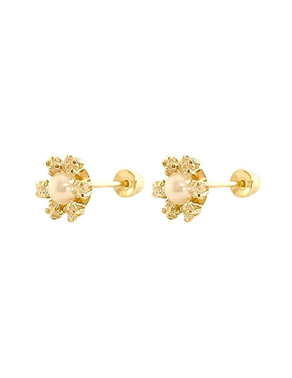 Broqueles de flor de oro 14 K con acabado brillante perla 4