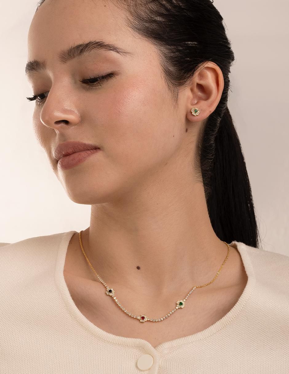 Aretes y collar de flor 18 K zirconia 2