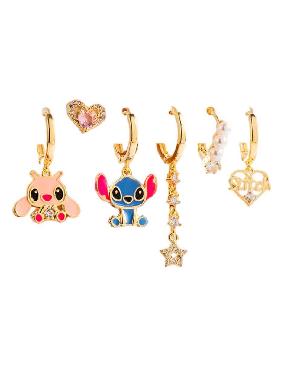 Set de aretes Stitch de oro laminado 9 k con acabado pulido