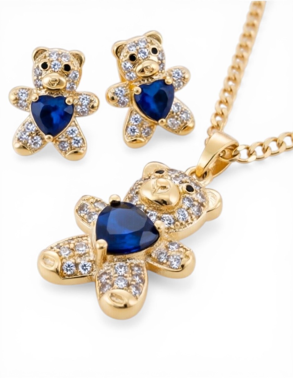 Aretes y collar de oso de oro laminado 18 K zirconia Aretes y collar de oso de oro laminado 18 K zirconia