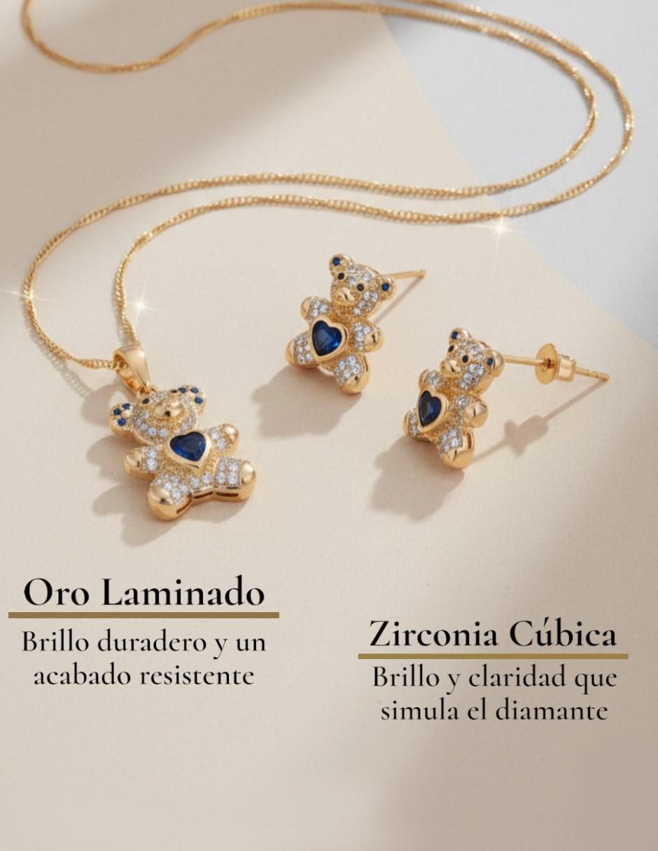 Aretes y collar de oso de oro laminado 18 K zirconia 2