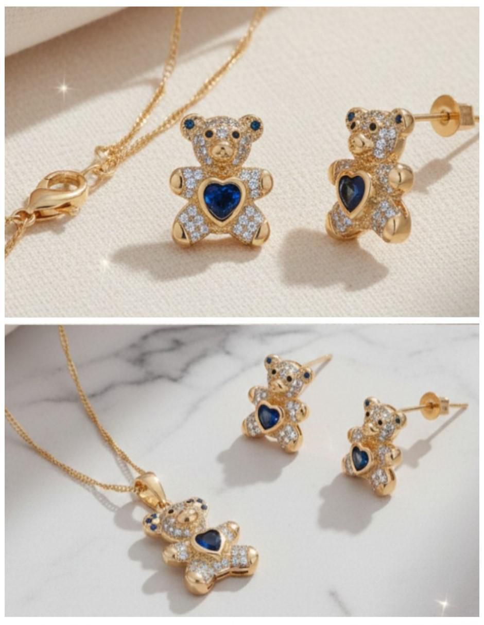 Aretes y collar de oso de oro laminado 18 K zirconia 4