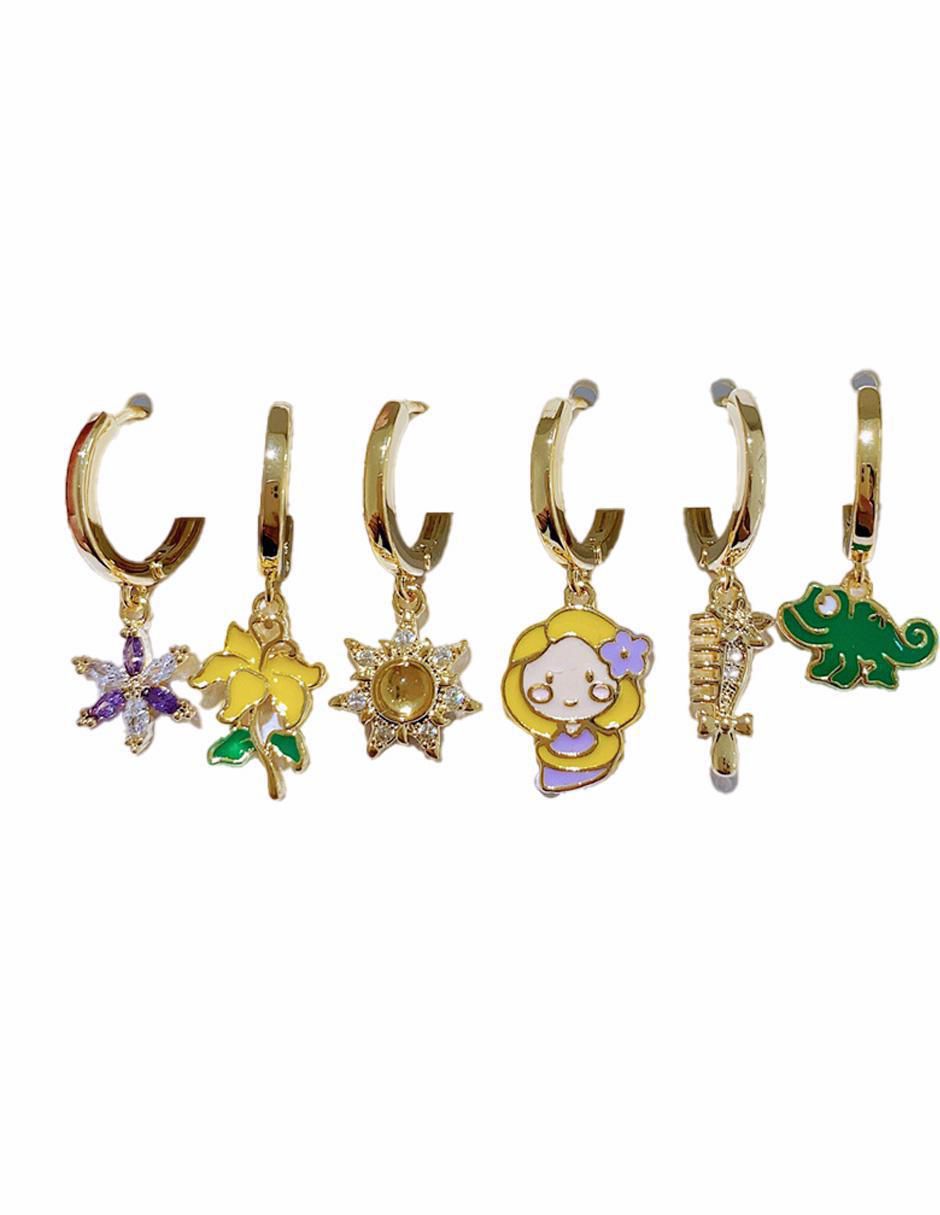Set de aretes de flor Rapunzel de oro laminado 10 K con acabado brillante