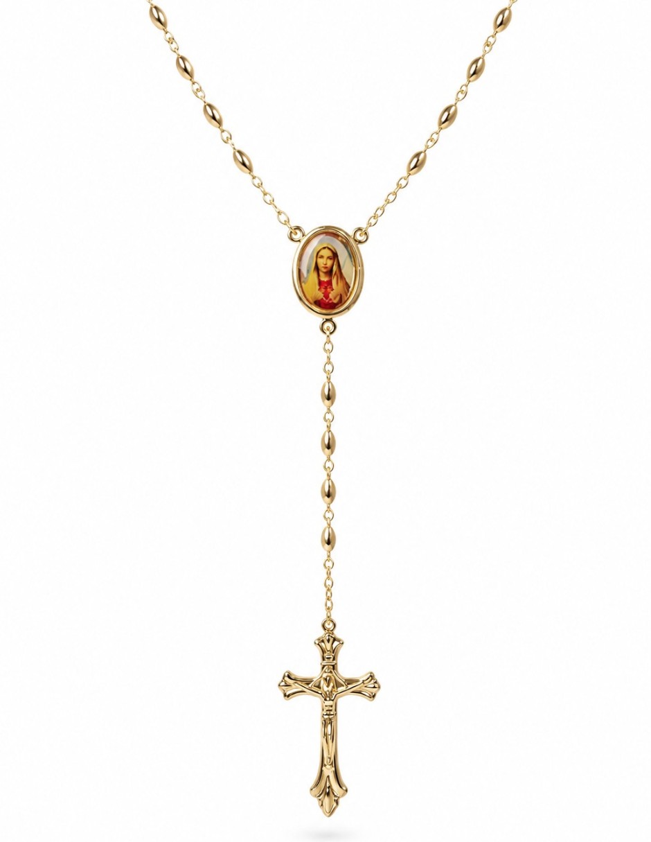 Collar virgen rosario católico con medalla virgen de guadalupe y cruz de cristo de oro laminado 14 k