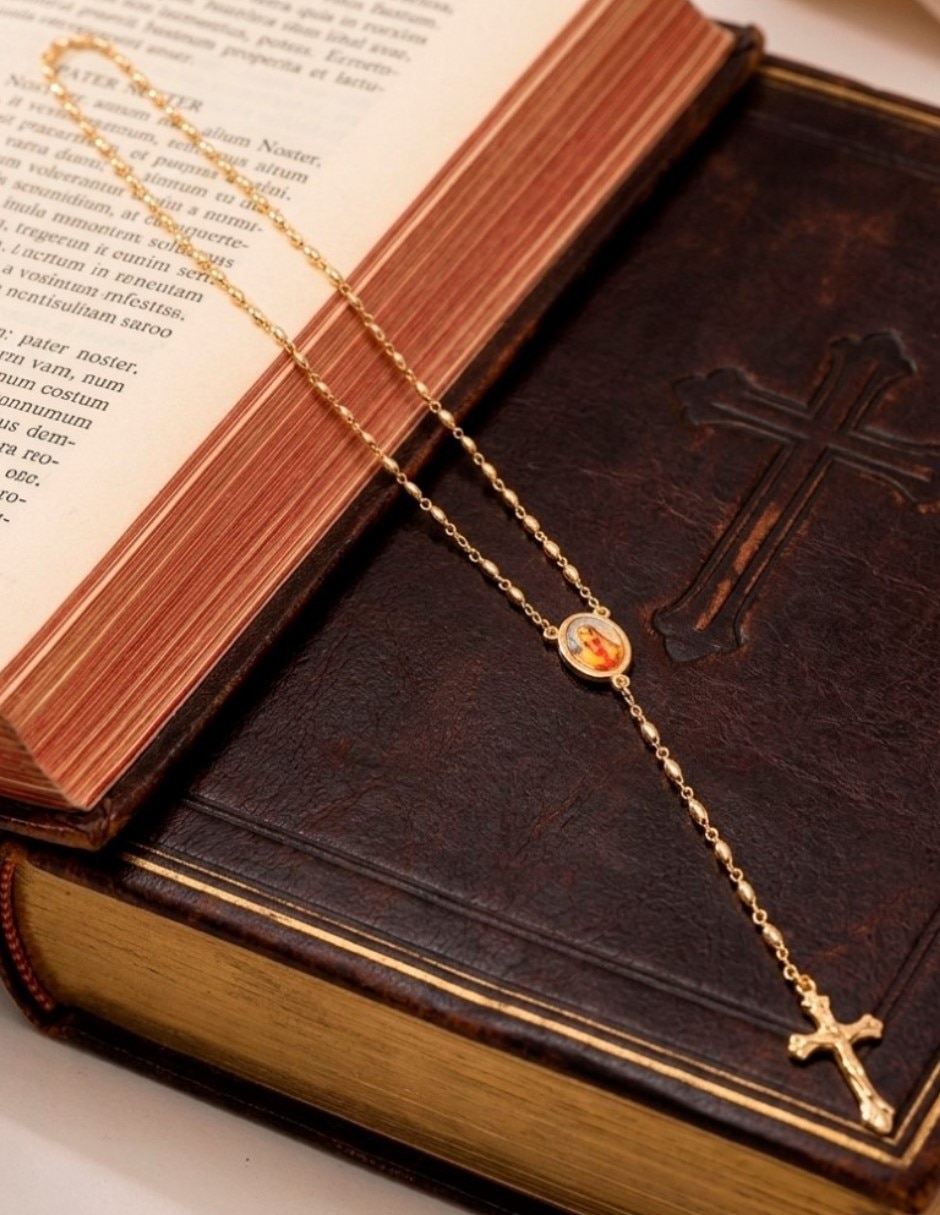 Collar virgen cm-top rosario católico con medalla virgen de guadalupe y cruz de cristo de oro laminado 14 k
