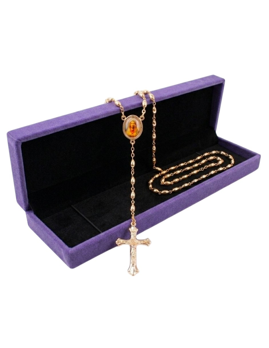 Collar virgen cm-top rosario católico con medalla virgen de guadalupe y cruz de cristo de oro laminado 14 k