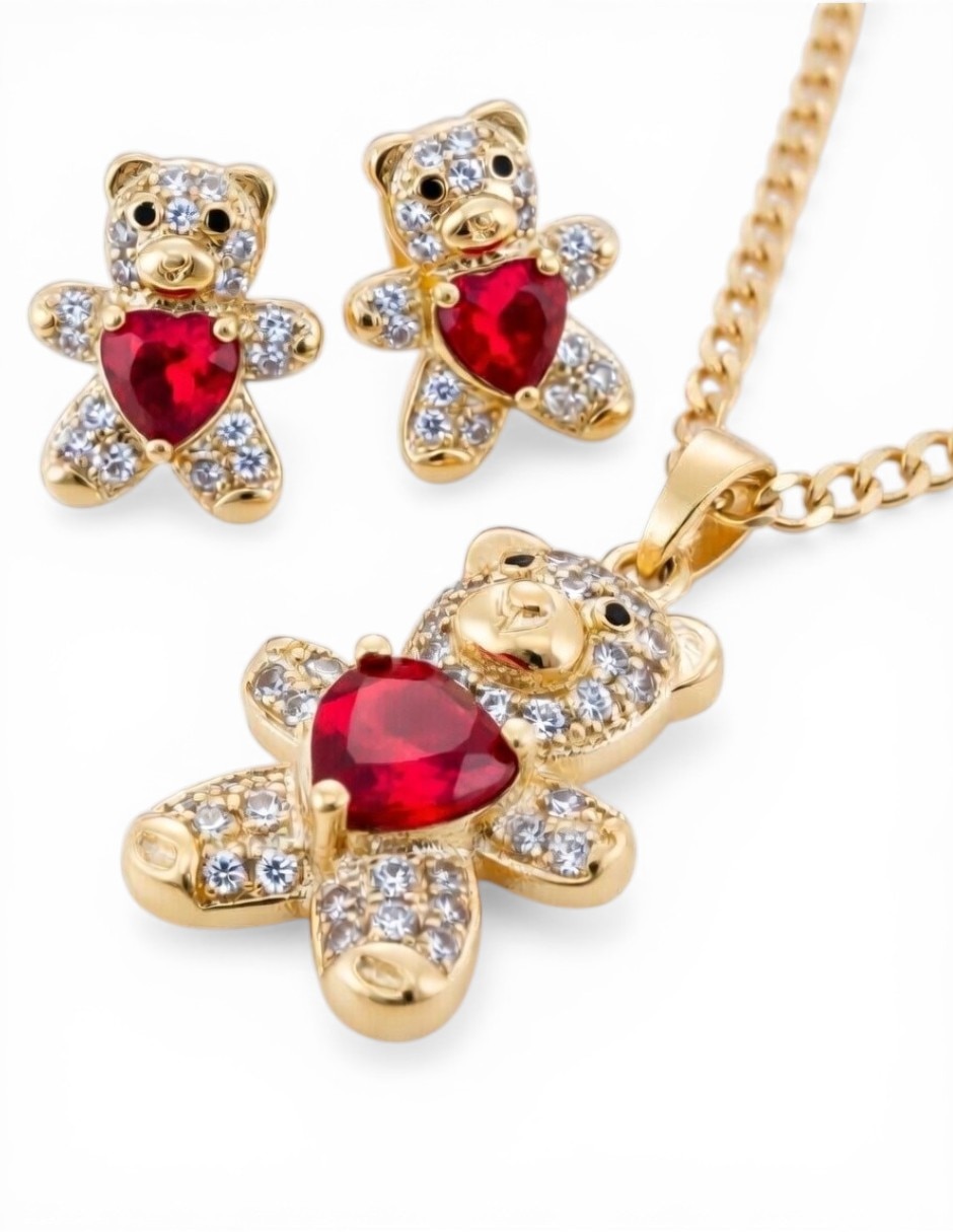 Aretes y collar de oso de oro laminado 18 K zirconia