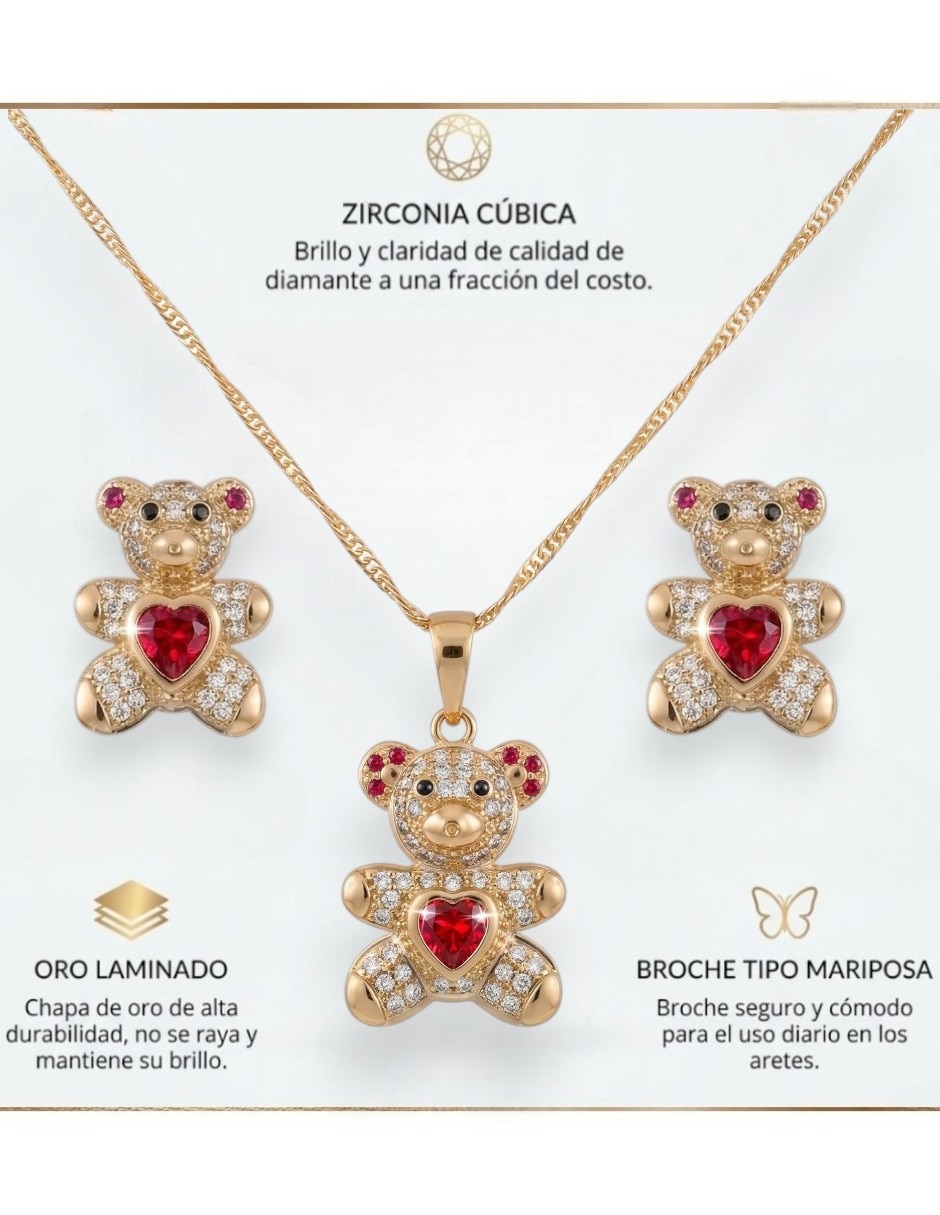Aretes y collar de oso de oro laminado 18 K zirconia 2