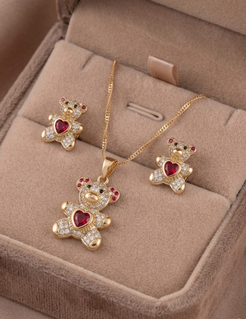 Aretes y collar de oso de oro laminado 18 K zirconia 3