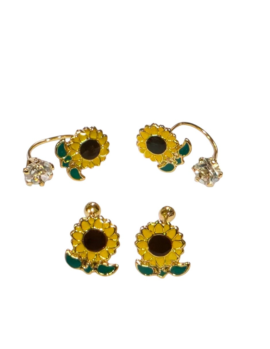 Set de aretes de alegría girasol de chapa de oro 14 k con acabado esmaltado zirconia Set de aretes de alegría girasol de chapa de oro 14 k con acabado esmaltado zirconia