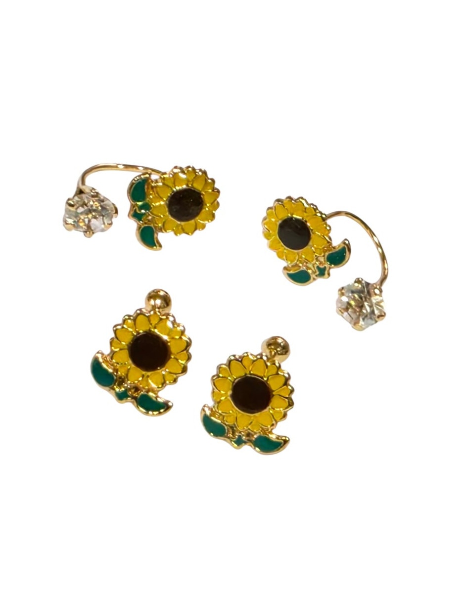 Set de aretes de alegría girasol de chapa de oro 14 k con acabado esmaltado zirconia 3