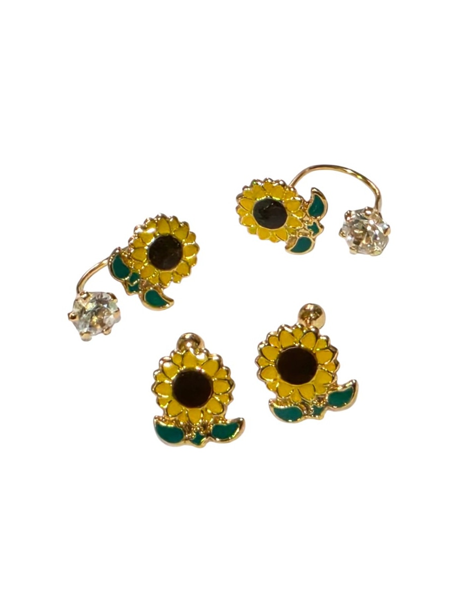 Set de aretes de alegría girasol de chapa de oro 14 k con acabado esmaltado zirconia 2