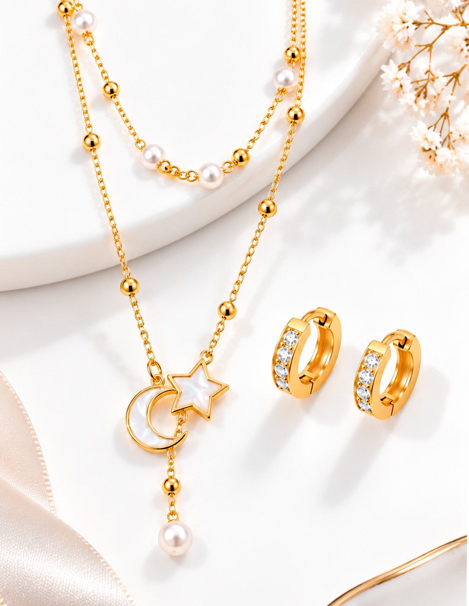Set de collar y aretes Luna de Acero inoxidable 10 k Madre perla y zirconia Set de collar y aretes Luna de Acero inoxidable 10 k Madre perla y zirconia