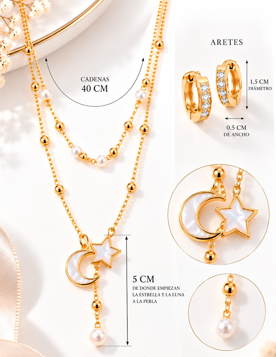 Set de collar y aretes Luna de Acero inoxidable 10 k Madre perla y zirconia 2