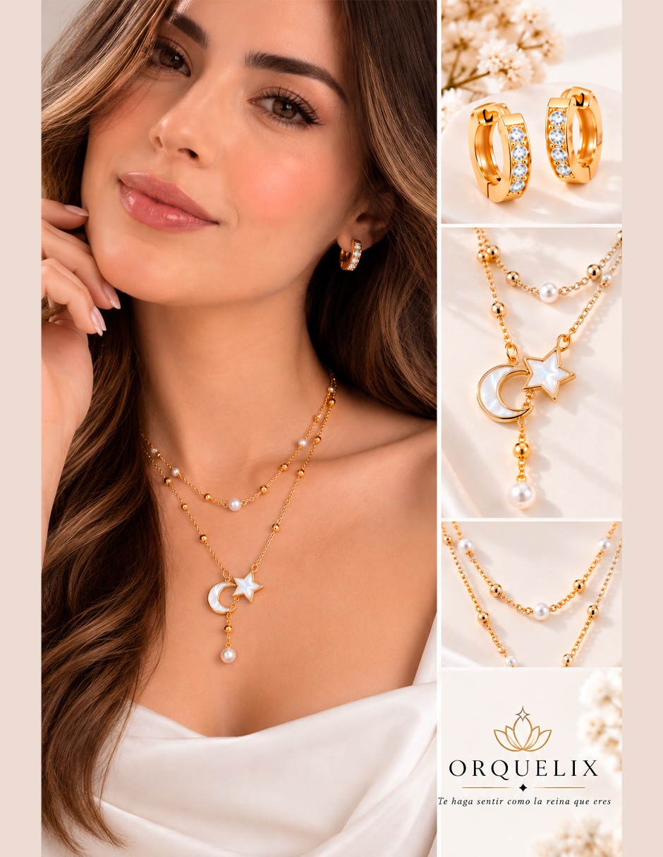Set de collar y aretes Luna de Acero inoxidable 10 k Madre perla y zirconia 3