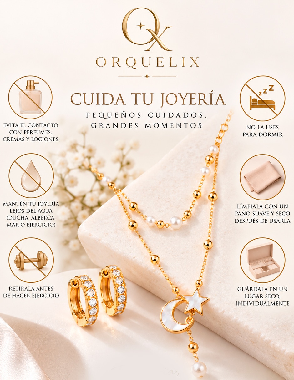 Set de collar y aretes Luna de Acero inoxidable 10 k Madre perla y zirconia 4